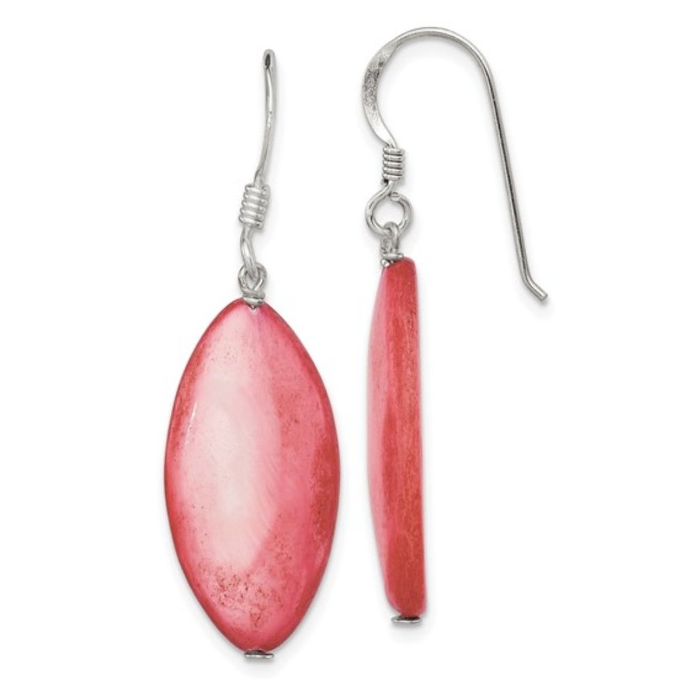Silver w Red Mother of Pearl Dangle Drop Earrings